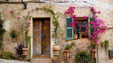 wooden door in majorca - flowers, house, pots, stone, door, window, wood