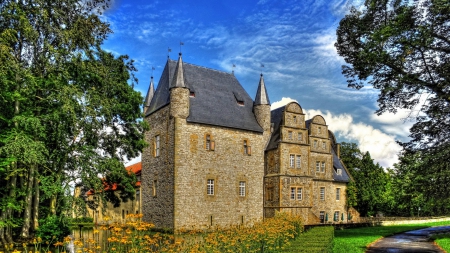 wonderful schelenburg castle in germany hdr - trees, castle, driveway, hdr, flowers, pond