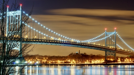 triborough bridge in new york city - river, twilight, city, bridge, lights