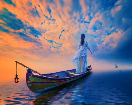 Woman at the beach - woman, sky, beach, boat