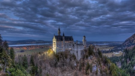 magical neuschwanstein castle in bavaria hdr - evening, town, forest, cliff, castle, hdr, lights