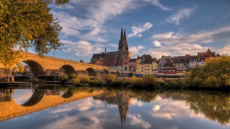 bridge to regensburg cathedral - town, reflection, river, cathedral, bridge