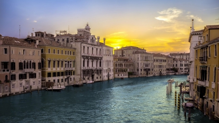 yellow sunrise over a venice canal - boats, yellow, channel, sunrise, city