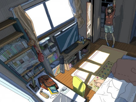 Anime Room - anime girl, female, food, room, books, anime room, bed, blanket, bookcase, computer, tv, video games