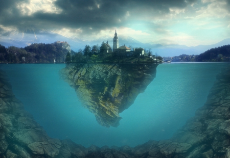 Island - water, blue, Slovenia, magical, skies, digital, landscapes, mountains, castle, Lake Bled