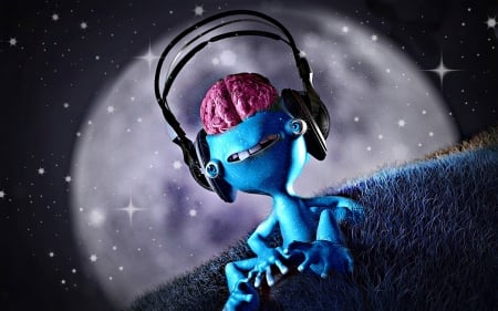 MUSICAL BRAIN - moon, monster, music, music dj, funny, fantasy, creatures, blue, headphones, 3d, digital, dj