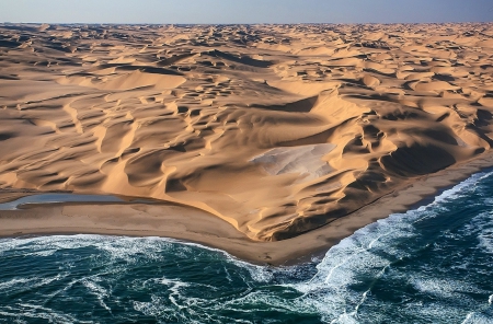 Meeting Namib - ocean, beach, dunes, africa, white, blue, desert, sand, landscapes, beige