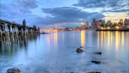 city at sundown - old, lights, waterfron, city, sundown, wharf