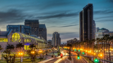 san diego blvd at night - city, traffic lights, street, dusk