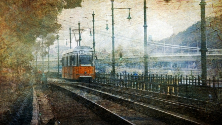 textured wallpaper of a train - train, lamp posts, textured wall, tracks