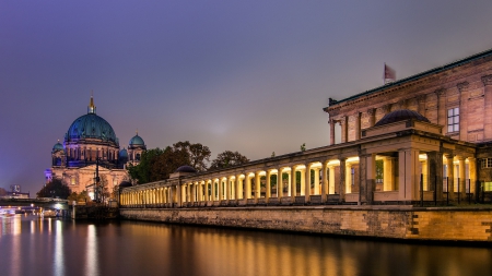 berlin cathedral and nuseum at night - cathedral, river, lights, museum, night, flag, bridge