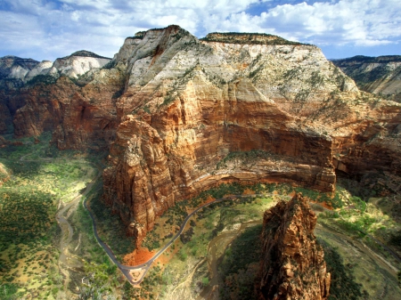 Zion National Park - clouds, roads, trees, beige, rivers, brown, canyons, green, cliffs, landscapes, plants, Utah, rocks