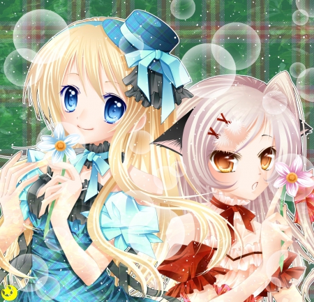 Midzuki - dresses, anime, neko, blue, beautiful, beauty, pink, long hair, sweet, cat, girls, red, green, bubbles, cute