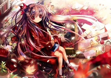 Beautiful Anime Girl Sitting - Girl, anime, Beautiful, sit, red dress, sitting, cat