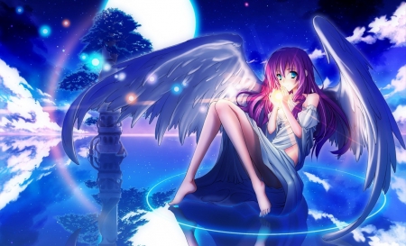 Beautiful Glowing Night Angel - wings, lake, glowing, beautiful, girl, night, angel