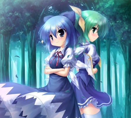 Cirno n Daiyousei - gown, cute, daiyousei, anime girl, adorable, girl, wings, fairy, green hair, blue hair, touhou, pretty, kawaii, short hair, cirno, wing, sweet, anime, dress, nice, lovely, female