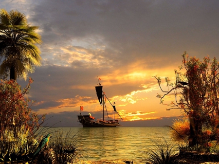 pirate ship - nature, ship, pirate, sea