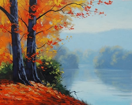 Painting - sky, river, tree, trees, painting, blue, autumn