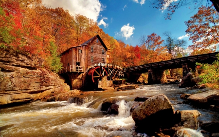 Mill - sunshine, autumn, water, mill, rocks, creek, forest, river, architecture, bridges, photo, bridge