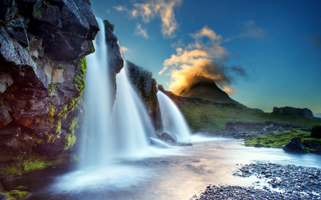 Kirkjufellsfoss Waterfalls, Iceland - iceland, waterfall, clouds, rocks