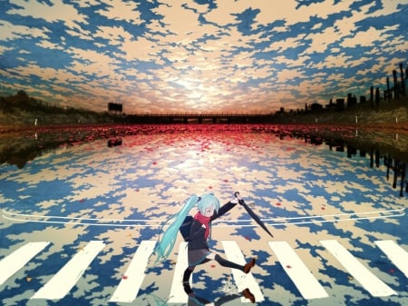 Walks On Water - hatsune miku, sky, walking, long hair, water, anime girl, unifrom, sunn, walking on water, clouds, vocaloid, blu hair, green, grass, lanscape