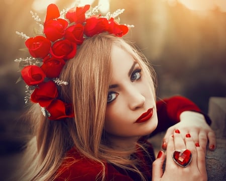 Pretty face - woman, face, ring, model, red rose