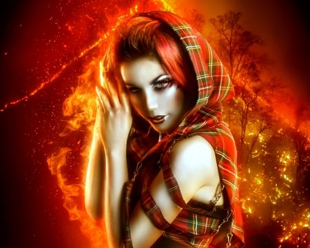 Into my fire - woman, face, art, hood, fire