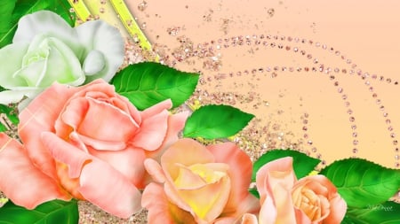 Peach Rose Summer - summer, sparkle, apricot, dew, flowers, spring, scatter, leaves, roses, peach