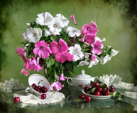 summer still life - flowers, summer, cheries, teacup, still life