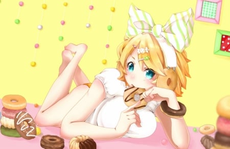 candy time with rin - vocaloid, anime girl, rin kagamine, sweets, blond hair, hair band, candy