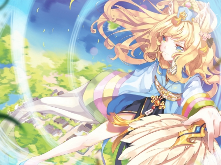 Seeu - sky, blond hair, vocaloid, blue eyes, seeu, anime girl, sapphire dress, wind