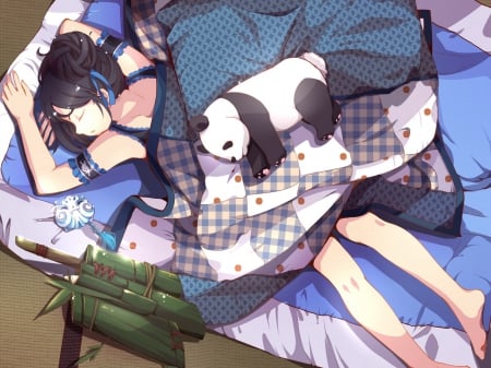 yuka-chan and panda-tan!! - dark hair, blue bed, long hair, blue hairpin, sleepy queen, beautiful girl, panda plushie