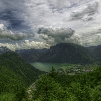 lovely town on a mountain lake in austria