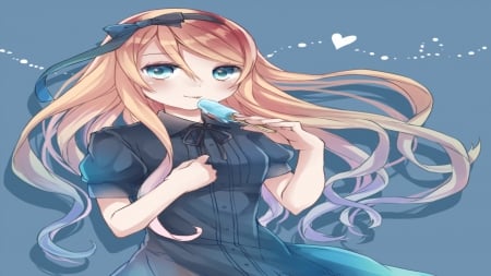 Aquariumtama - anime, heart, blue, beautiful, dress, girl, beauty, long hair, sweet, white, lollipop, cute