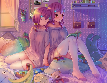 2 Girls - girls, beauty, aqua, bed, soft, pink hair, dolls, multicolor, pink, beautiful, anime, sweet, colors, cute