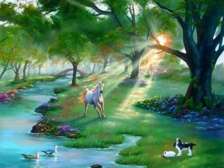 Land of Dreams - beautiful, sunshine, dog, horse, tree, flowers, land, lake, ducks