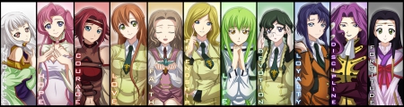 Colors of Geass - beauty, nunnally, female, hot, cc, geass, anime girl, anime, team, cute, short hair, sexy, girl, long hair, rebellion, code geass, code, collages, britannia, beautiful, kallen, group