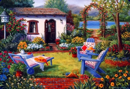 Countryside house - pretty, calm, summer, toys, grass, forest, home, villa, garden, lake, paradise, yard, nice, art, cottage, house, trees, beautiful, pond, table, lovely, rest, village, colorful, nature, painting, arch, serenity, peaceful