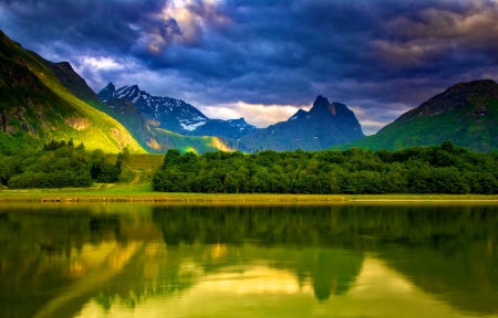 Slow mountain river - nice, sky, slope, slow, mirrored, amazing, quiet, norway, pretty, calmness, river, clouds, cliffs, lake, hills, mountain, shore, lovely, peaks, serenity, nature, tranquil, beautiful