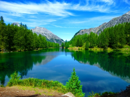 Tranquility - calm, quiet, summer, blue, tranquil, grass, reflection, crystal, mountain, shore, cliffs, lake, nice, sky, clouds, trees, beautiful, mirrored, lovely, river, nature, clear, rocks