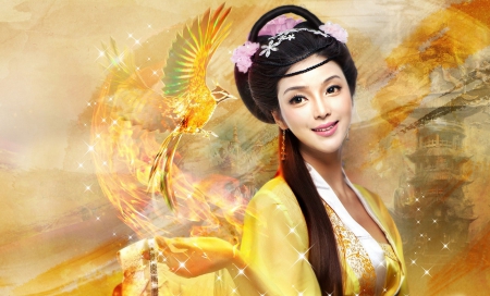 Geisha and Phoenix - yellow, geisha, phoenix, beautiful, photography, photoshop, serene, girl, chinese, fantasy, oriental, digital, woman, art, wallpaper