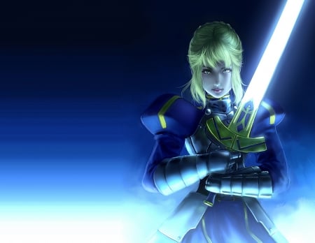 Saber - hot, knight, anime girl, blond hair, sparks, blonde hair, sexy, warrior, light, long hair, fate stay night, glow, beautiful, 3d, sweet, nice, realistic, saber, beauty, female, blond, armor, blade, pretty, anime, sword, excalibur, cute, girl, lovely, cg, hd, abstract, blue, blonde