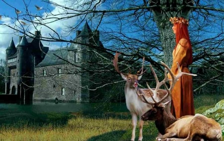 Princess and Deer - wallpaper, digital, beautiful, photoshop, deer, girl, fantasy, photography, castle, princess, woman