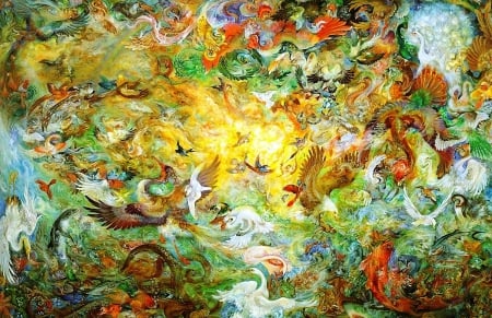 Bird Paradise - artistic, birds, beautiful, lovely, colorful, fantasy, painting, digital, paradise, art, wallpaper