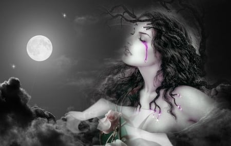 Luis Royo Fantasy - artistic, beautiful, girl, purple tear, moonlight, fantasy, royo, digital, art, wallpaper