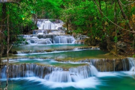 Kanchanaburi Waterfall, Thailand - river, cascades, trees, water, green