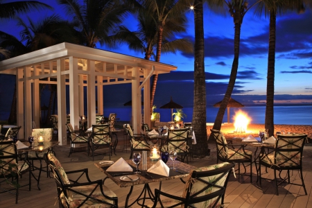 Sugar Beach, Mauritius - trees, pe, beach, lights, evening, landscape, ocean, restaurant