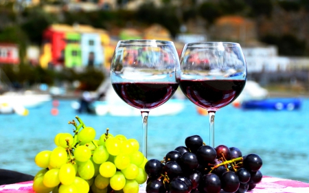 WINE for TWO - grapes, wine, white, red, table, wine glasses