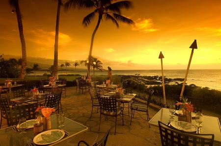 Waikoloa Beach, Hawaii - sunset, tables, chairs, sea, sun, sky, restaurant