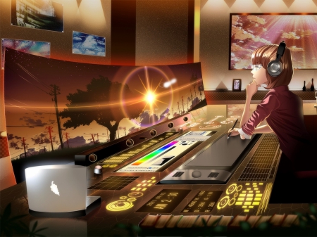 An Editor â™¬ - nice, sunsetpicturs, a world, laptop, sunset, anime girl, lovely, art, headhones, cool, thinking, anime